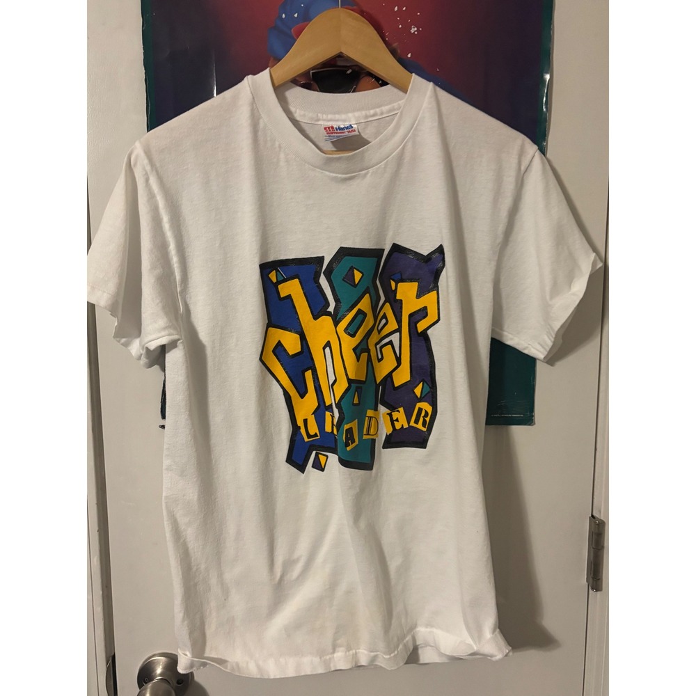 Mens Hanes Heavyweight 50 T Shirt Graphic Cheer Leader White Medium 90s